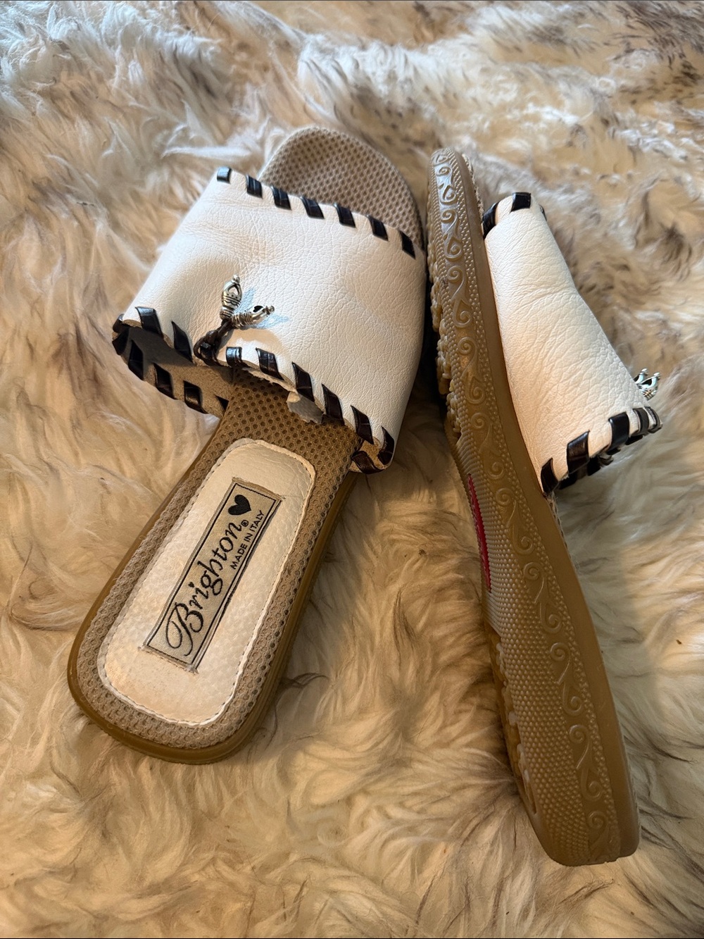 Brighton White Leather Slide Sandals with Brown Trim - Picture 9 of 9